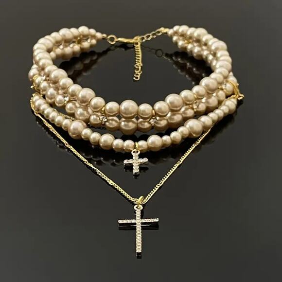 Vintage Style Pearl Layered Choker & Gold Cross Pendant Necklace Set - Picture 1 of 6